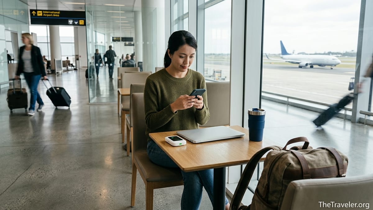 Traveler using phone and mobile hotspot in an airport lounge before an international flight.