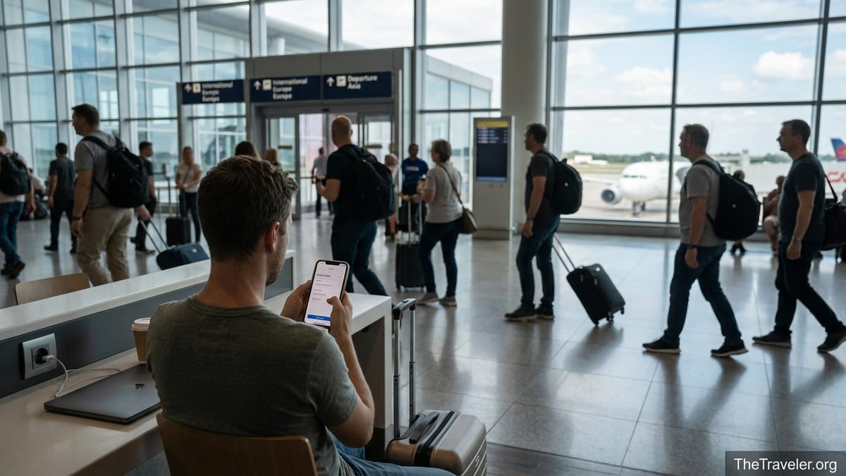 Traveler in airport checking mobile data on phone beside carry-on luggage.
