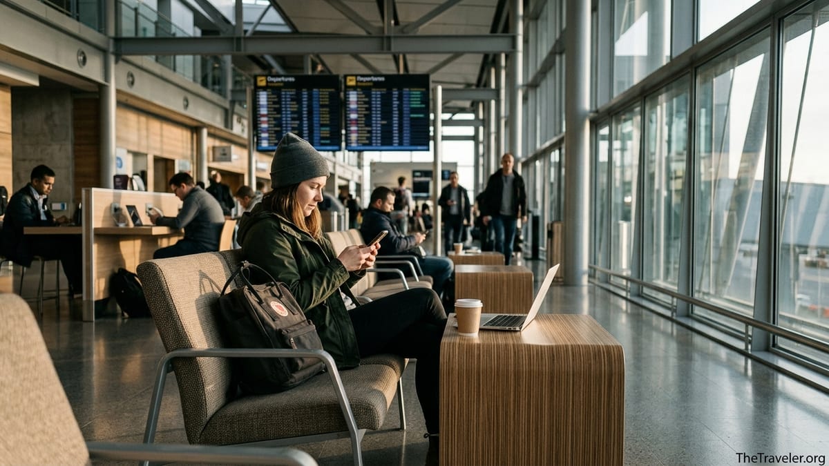 Traveler in an airport lounge checking mobile data settings on a smartphone.
