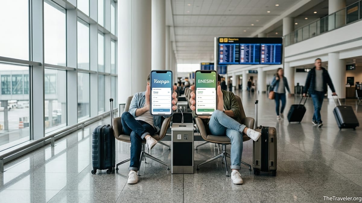 Two travelers in an airport lounge comparing Keepgo and BNESIM eSIM apps on their phones.
