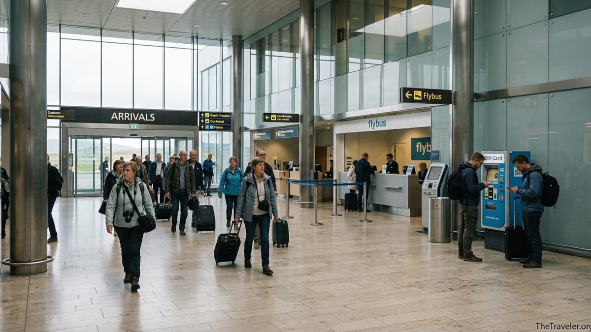Travelers enter the arrivals hall at Keflavik Airport with signs for buses and services visible.