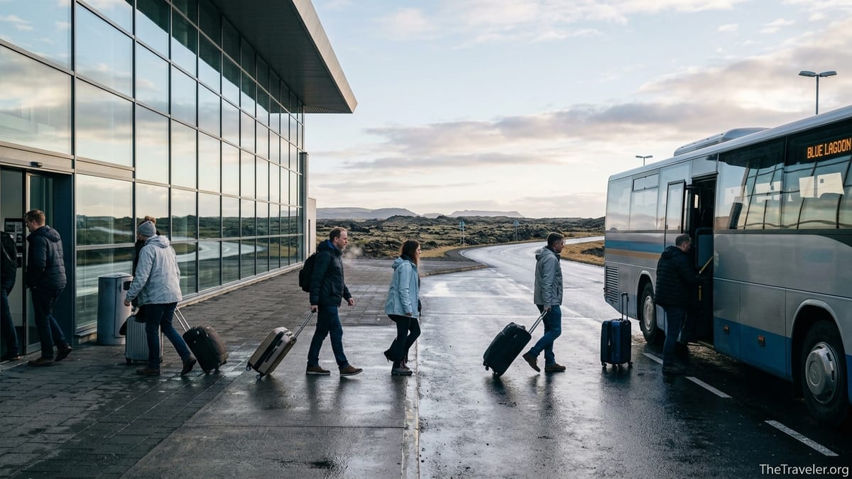 Travelers with suitcases boarding a shuttle from Keflavik Airport toward Iceland’s Blue Lagoon on a cool morning.