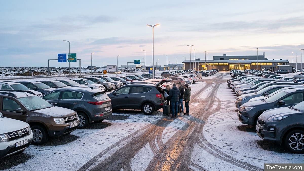 Winter rental car lot at Keflavik Airport with 4x4 SUVs and passengers loading luggage at dawn.