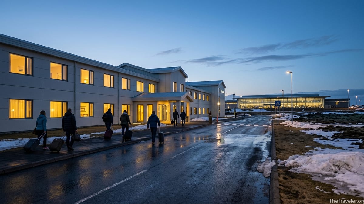 Evening view of an airport hotel near Keflavik with travelers walking past and the KEF terminal in the background.