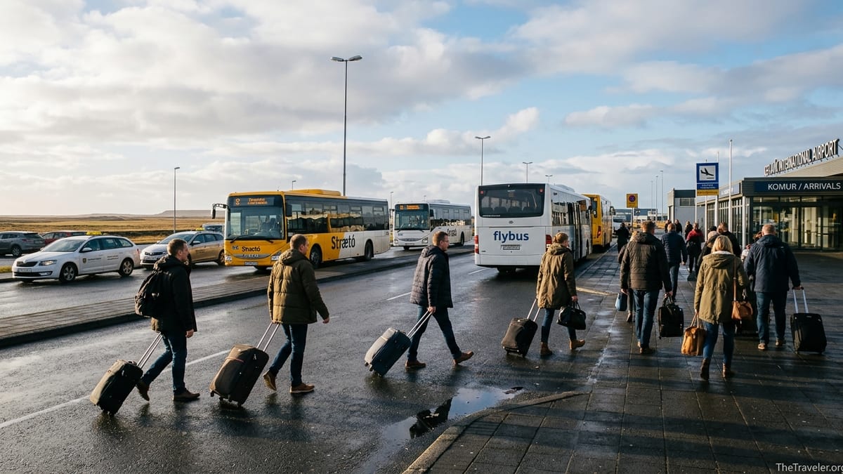 Travelers with suitcases boarding airport buses and taxis outside Keflavik Airport