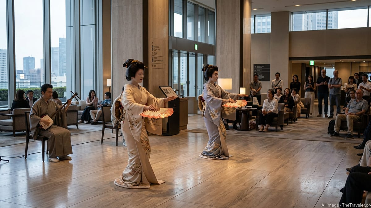 Kagurazaka geisha performing a traditional dance in the modern lobby of Keio Plaza Hotel Tokyo as travelers watch quietly.