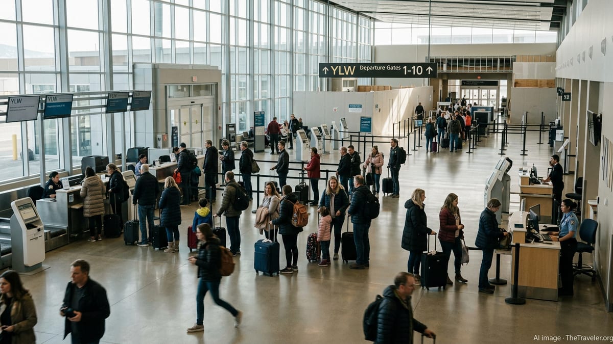 Busy but orderly terminal at Kelowna International Airport during spring break, with families and staff moving through bright