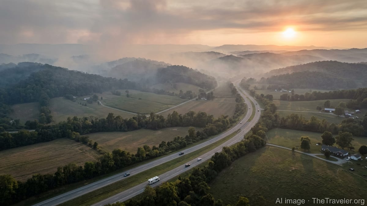 Smoky haze from distant wildfires over a Kentucky valley with cars on a winding highway.