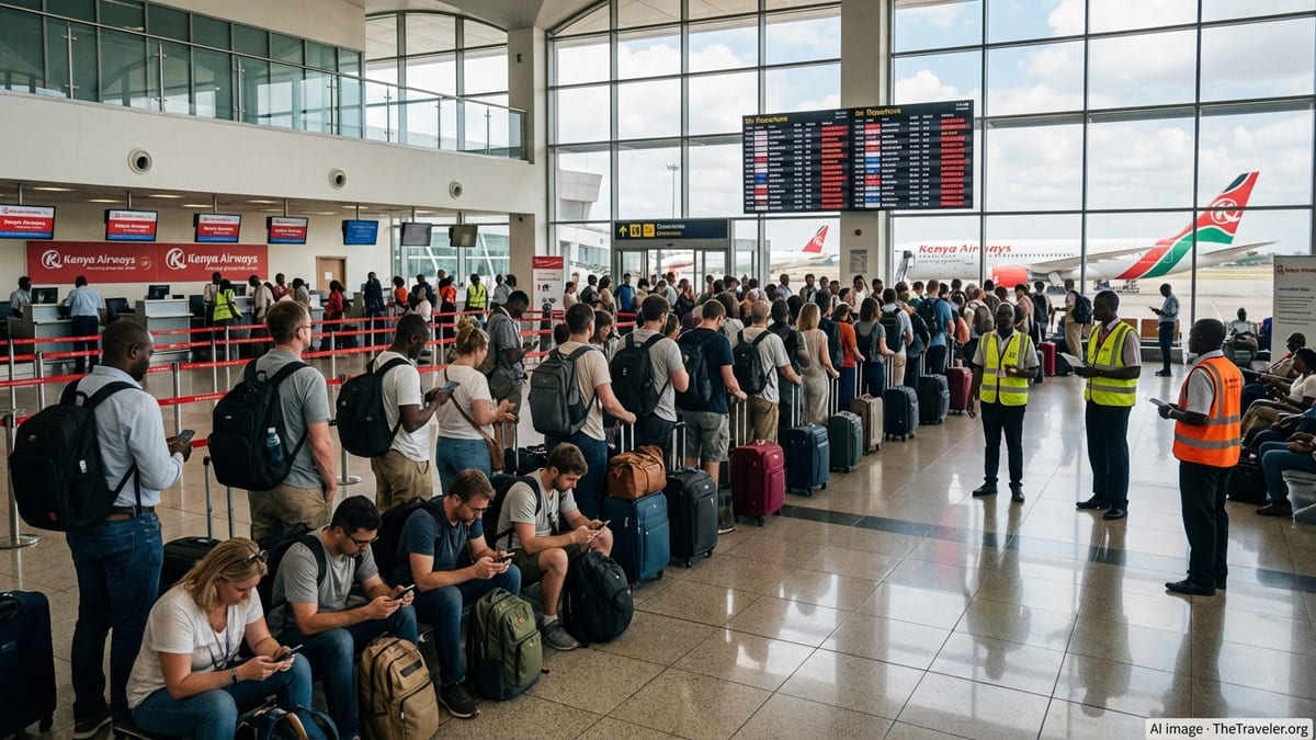 Crowded departure hall at Nairobi’s airport with long passenger queues and delayed flight boards.