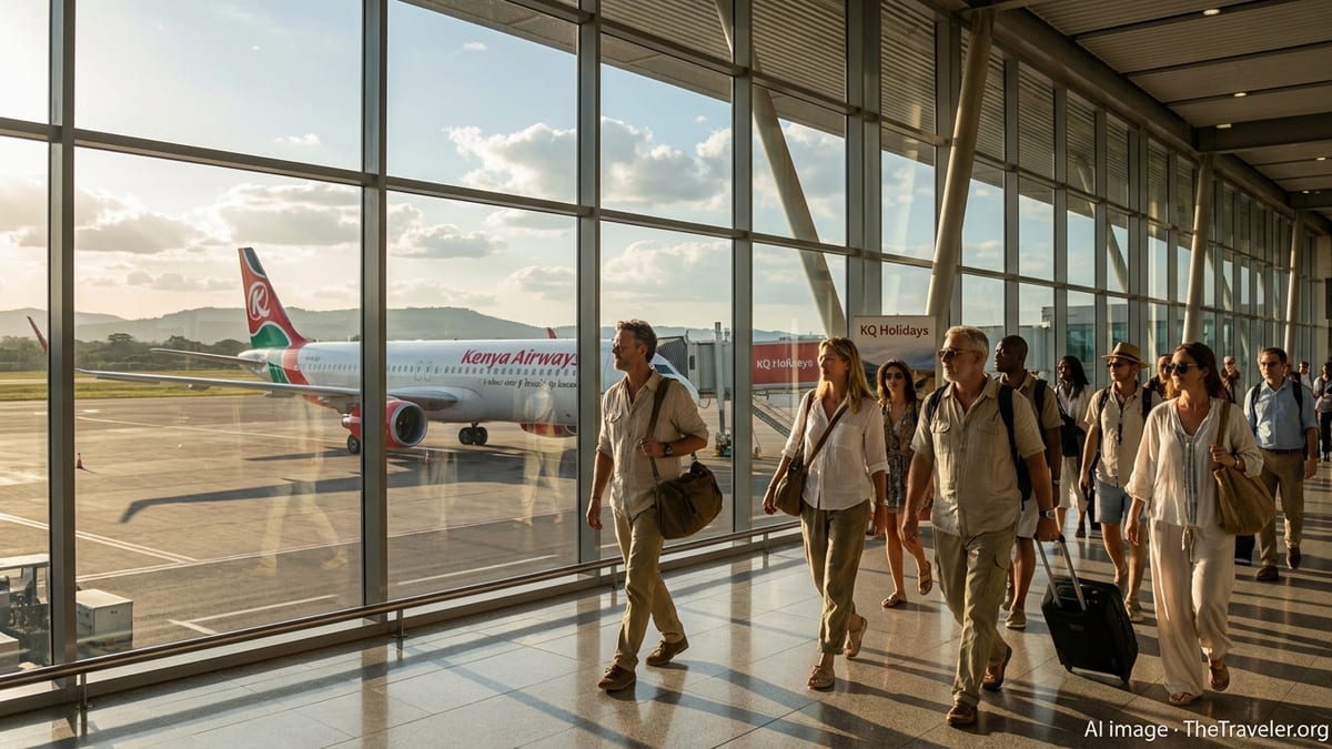 Kenya Airways jet at Nairobi airport viewed through terminal windows as leisure travelers walk past.