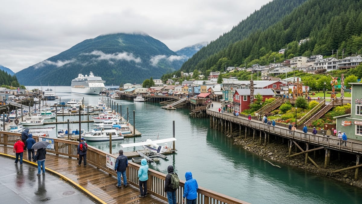 Summer view of Ketchikan, Alaska's waterfront, harbor, and Creek Street. 