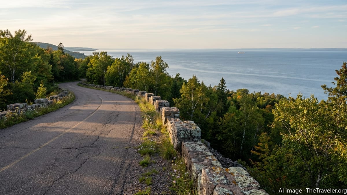 Scenic Brockway Mountain Drive overlooking Lake Superior and forest on Michigan’s Keweenaw Peninsula.