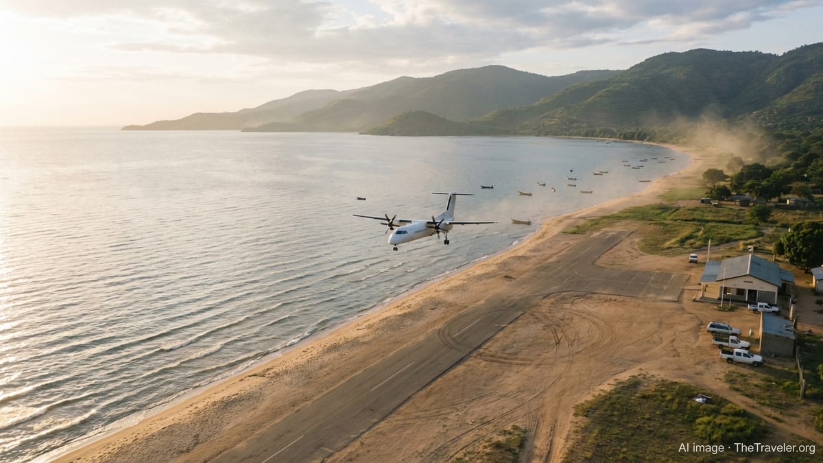 Small passenger plane approaching a lakeside airstrip on Lake Malawi at sunrise.