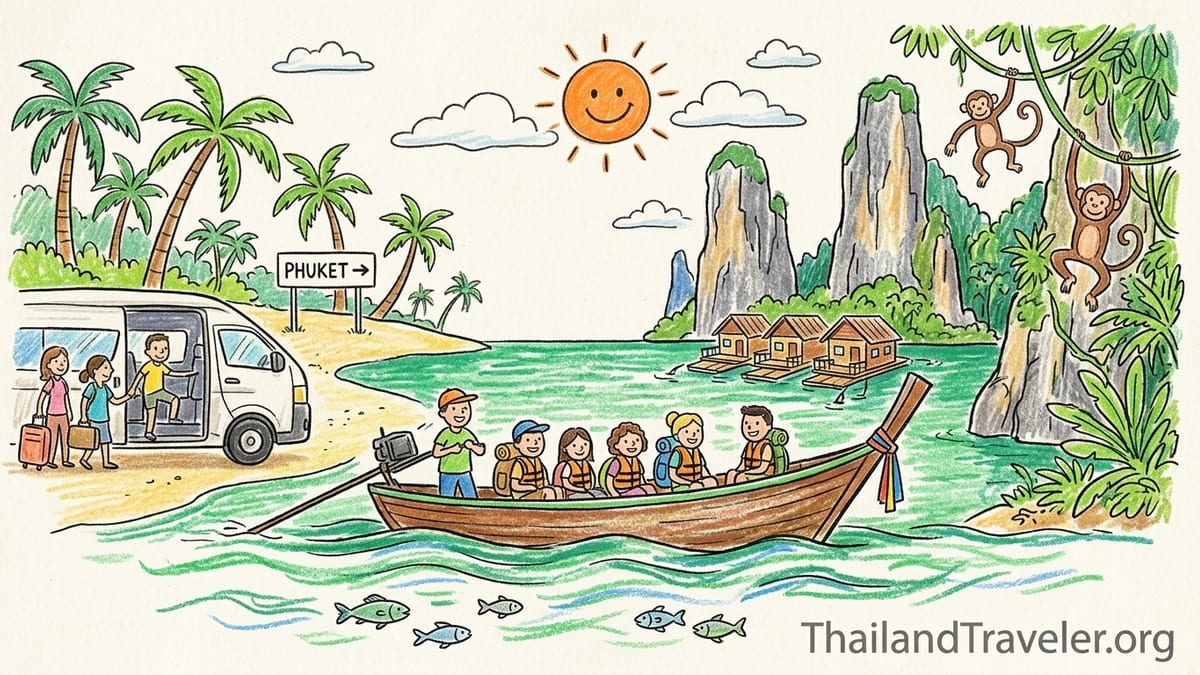 Longtail boat on misty Cheow Lan Lake with limestone cliffs and floating raft houses in Khao Sok, Thailand.