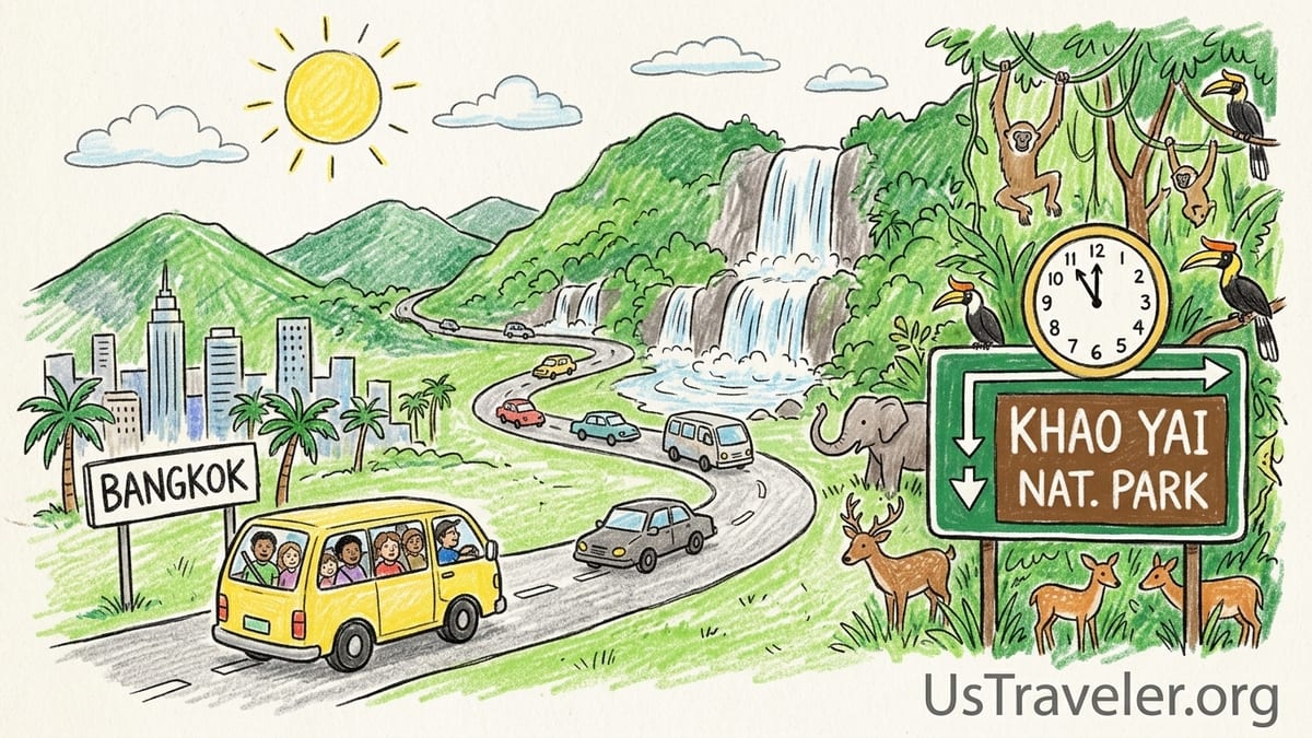 Haew Suwat waterfall in Khao Yai National Park with travelers on jungle steps during a day tour from Bangkok