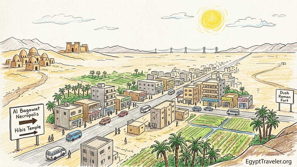 View of Kharga Oasis showing palms, modern town buildings, and surrounding desert under a hazy blue sky.