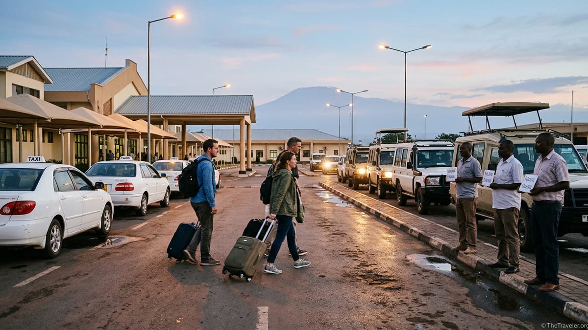 Travelers exiting Kilimanjaro International Airport toward taxis and safari vehicles at dusk.