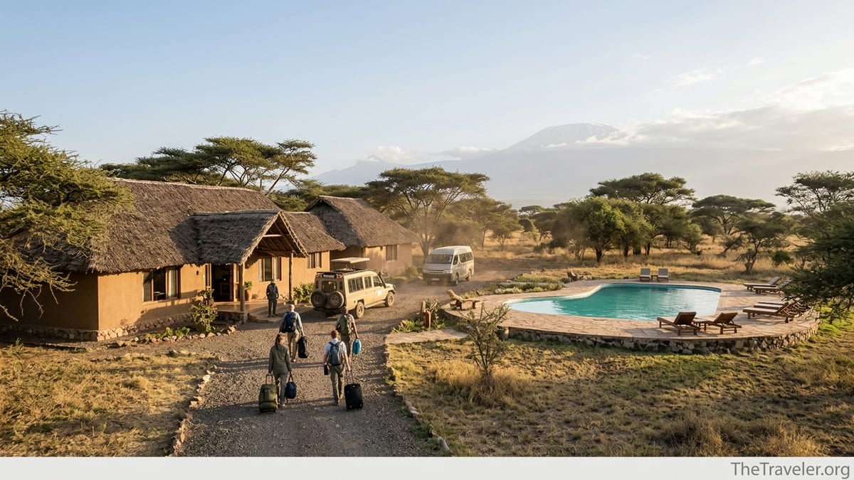 Thatched lodge near Kilimanjaro Airport with pool, safari vehicle, and distant view of Mount Kilimanjaro at sunset.