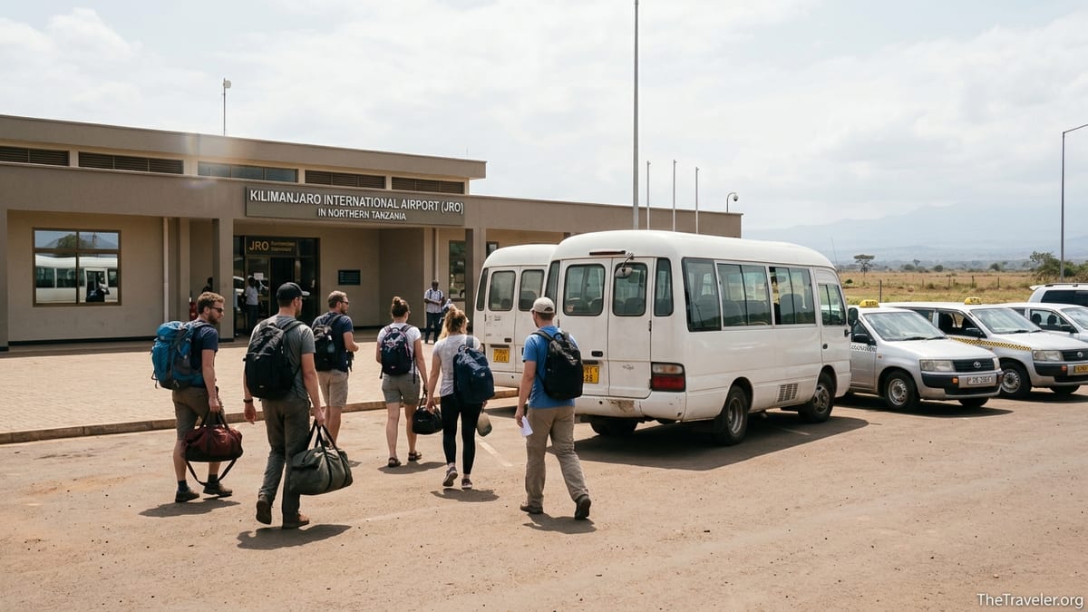 Travelers with luggage walking from Kilimanjaro International Airport terminal to a shared shuttle minibus and taxis.
