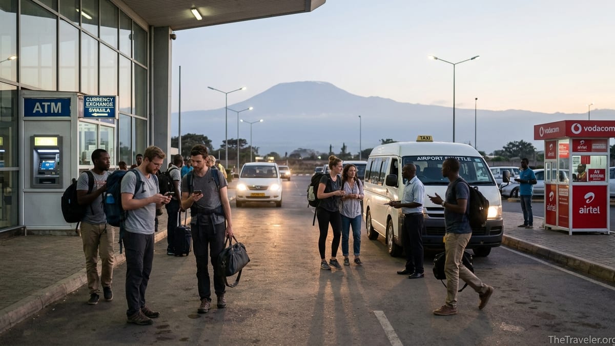 Arriving passengers outside Kilimanjaro Airport near ATMs, taxis and a mobile SIM kiosk at dusk.