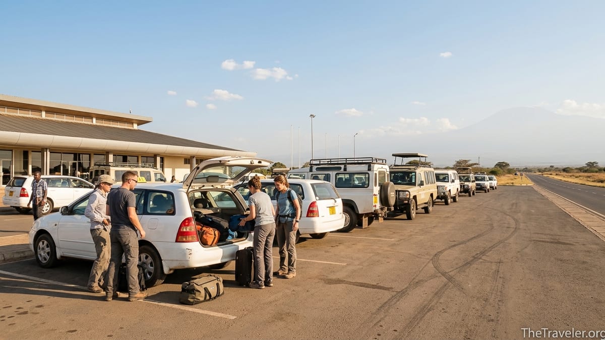 Taxis and safari vehicles waiting outside Kilimanjaro International Airport as travelers load luggage.