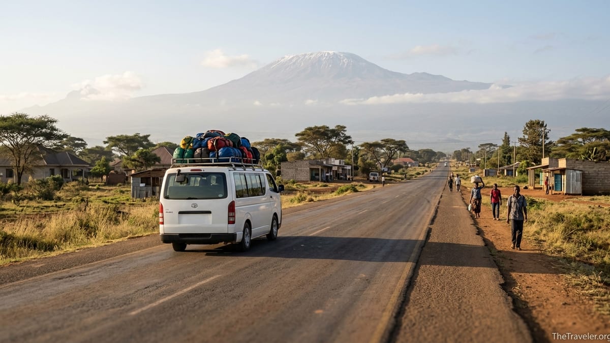 Taxi van on the road from Kilimanjaro Airport to Moshi with Mount Kilimanjaro in the background.