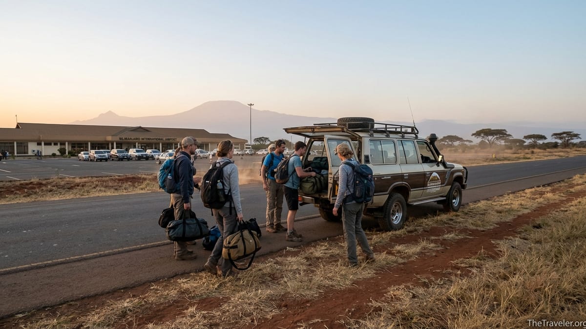 Trekkers loading duffel bags into a safari vehicle outside Kilimanjaro International Airport at dawn.