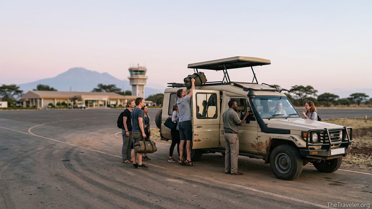 Travelers loading safari vehicle outside Kilimanjaro International Airport at dawn.