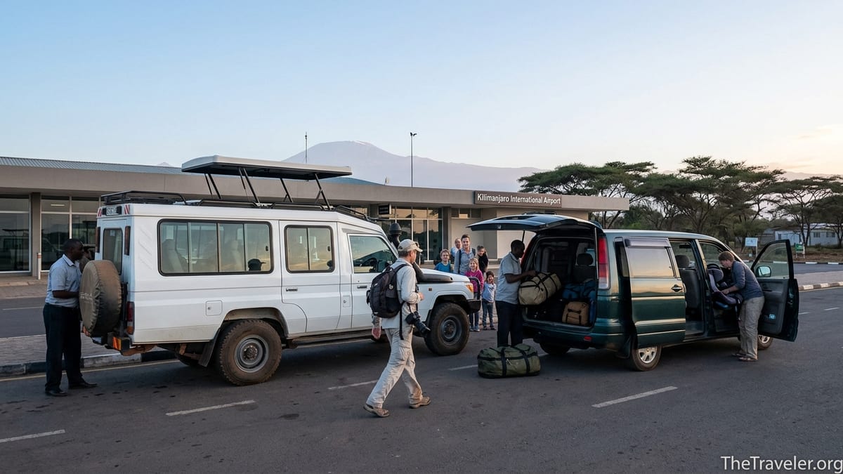 Travelers boarding safari and trekking vehicles outside Kilimanjaro International Airport at dawn.