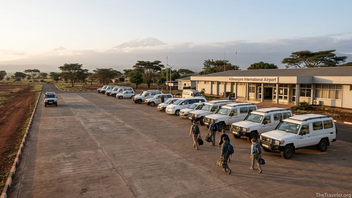 Travelers exiting Kilimanjaro International Airport with taxis and safari vehicles waiting outside at sunrise.