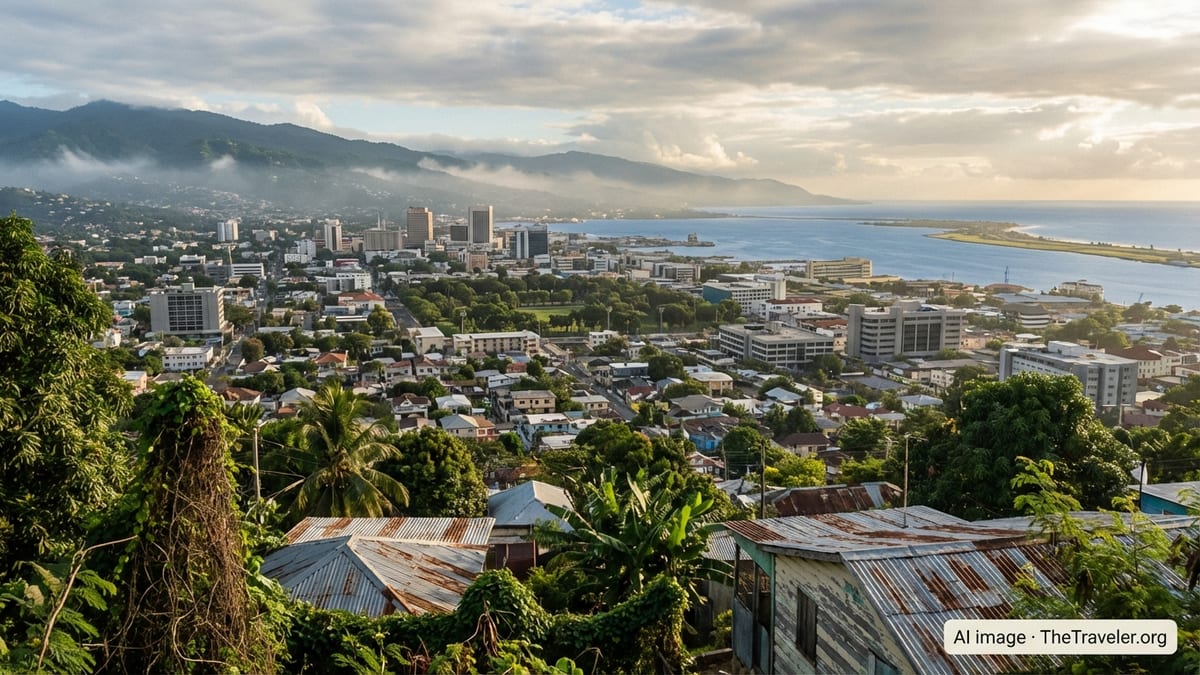 View over Kingston, Jamaica from the hills, with city, harbor, and Blue Mountains at sunrise.