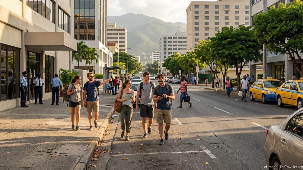 Travelers walking along a busy, sunlit street in New Kingston, Jamaica with hotels and taxis nearby.