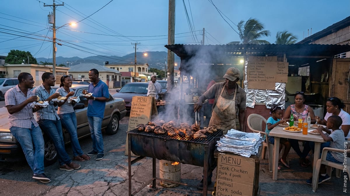 Evening jerk chicken stand in Kingston with locals eating and socializing outdoors.