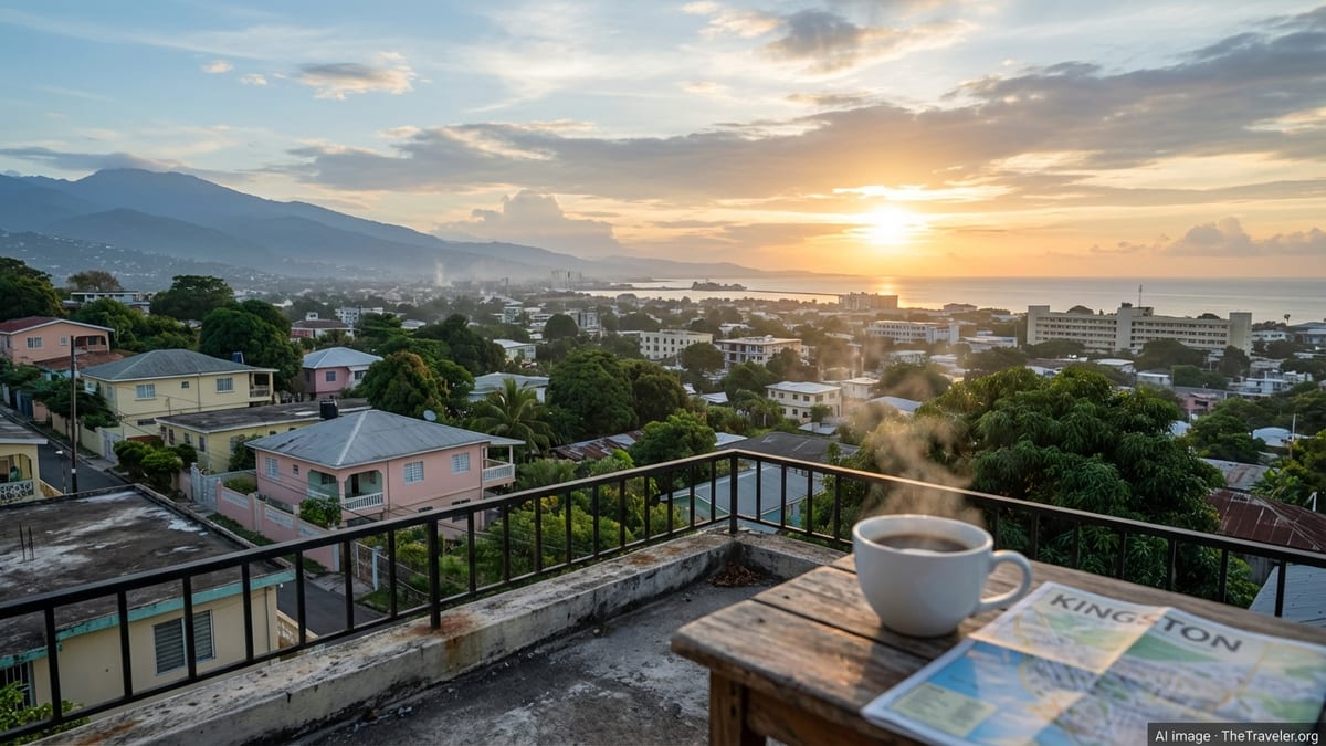 Sunrise view over Kingston, Jamaica from a hillside balcony with coffee and harbor below.