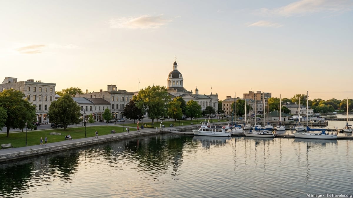 Kingston Ontario waterfront with limestone buildings, marina and City Hall dome at golden hour.