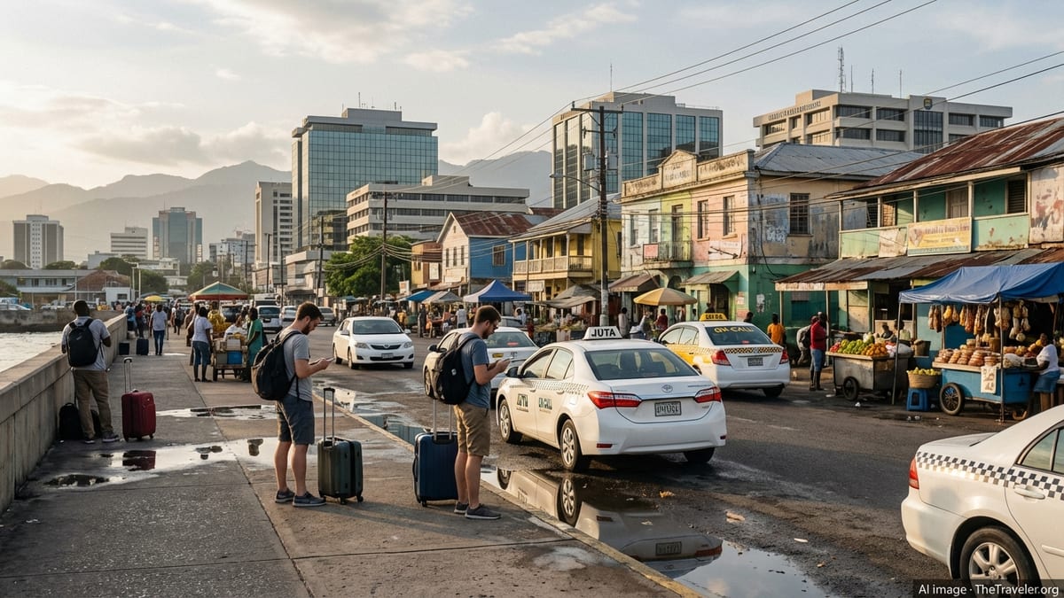 Travelers with luggage on Kingston waterfront promenade near taxis and city skyline at dusk.