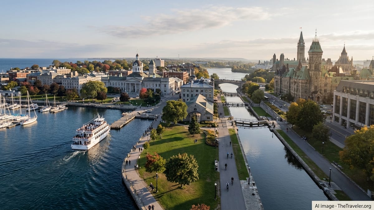 Aerial view contrasting Kingston’s waterfront with Ottawa’s Parliament Hill and Rideau Canal in soft late-afternoon light.