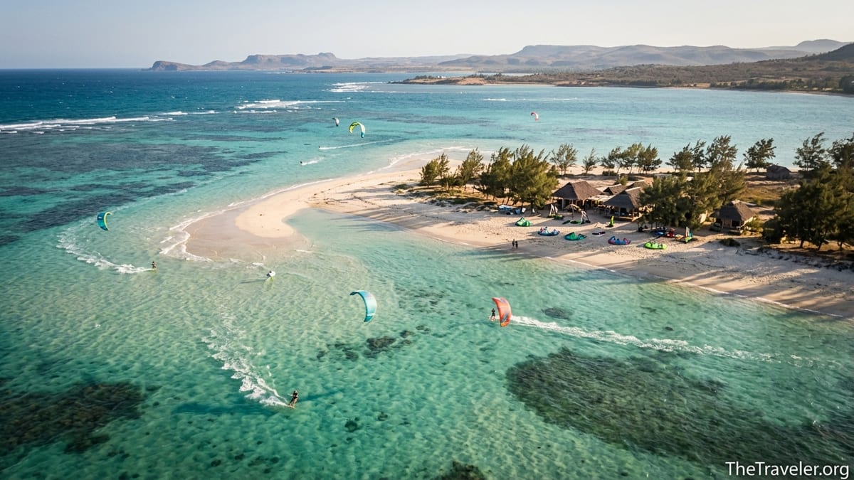 Kitesurfers riding over the turquoise shallow waters of Sakalava Bay in northern Madagascar with sandy shore and rustic lodge