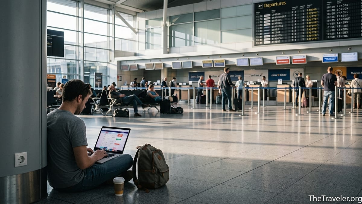 Budget traveler with carry-on bag searching flights on a laptop in a busy airport terminal.