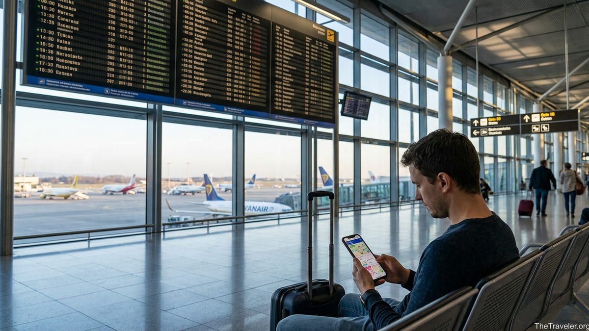 Traveler checking a complex multi-stop itinerary on a phone in a busy airport terminal.