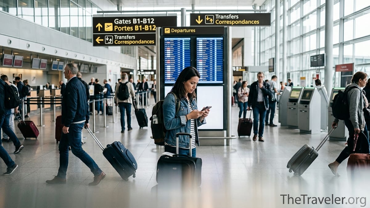 Traveler checking flight details on phone in a busy airport terminal during a connection.