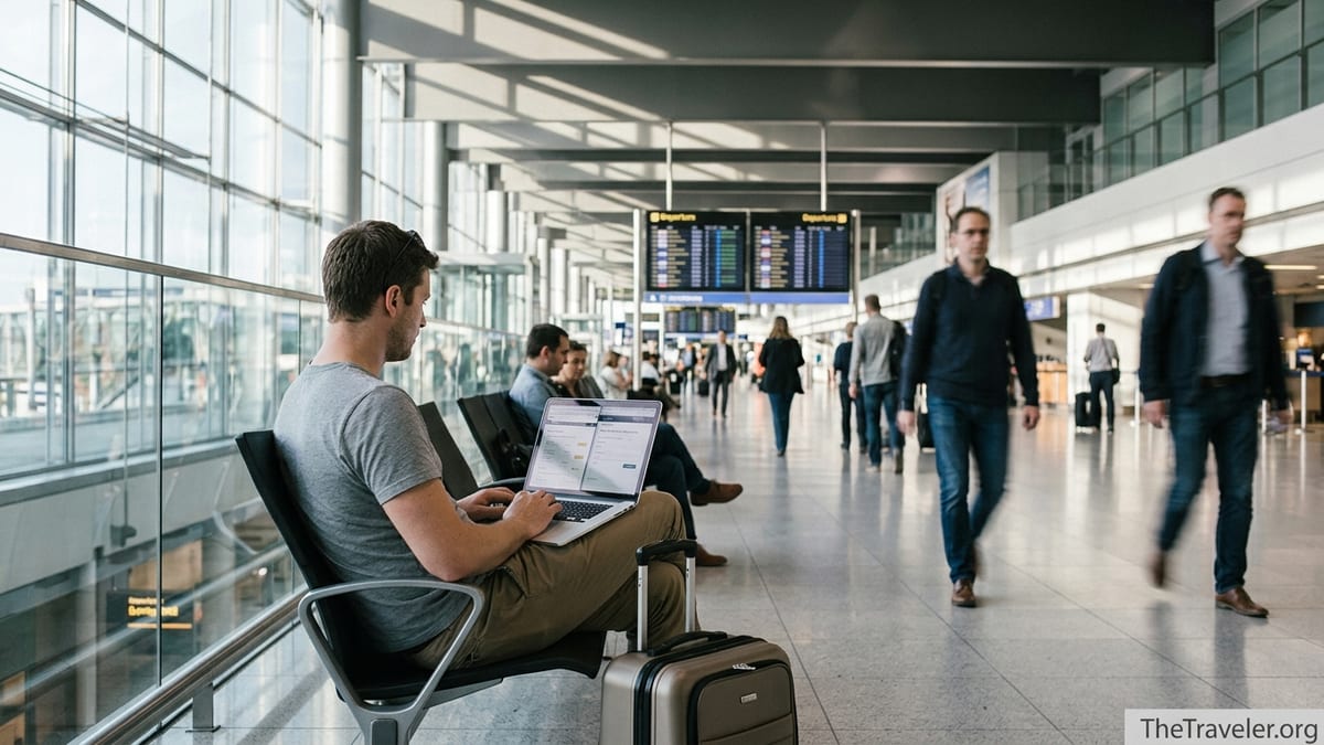Traveler in an airport comparing flight prices on a laptop between an airline and a third party site.