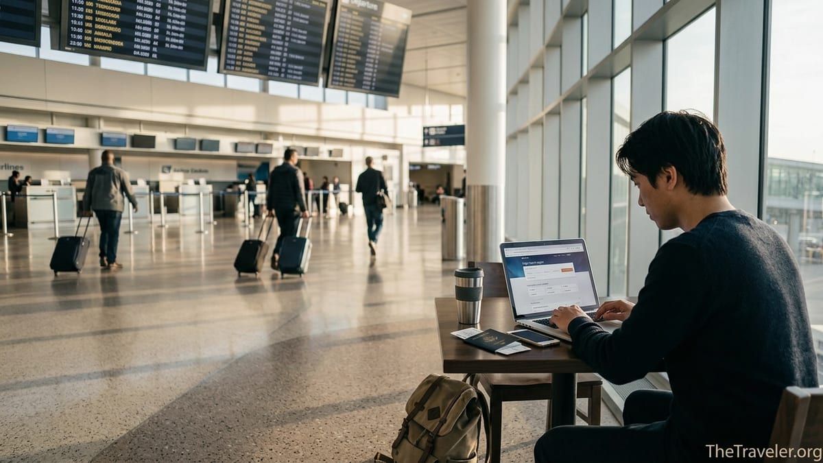 Traveler comparing flight deals on a laptop in a busy airport terminal.