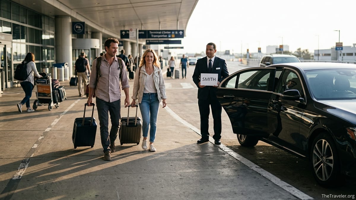 Traveler meeting a pre-booked car and driver outside an airport arrivals terminal.