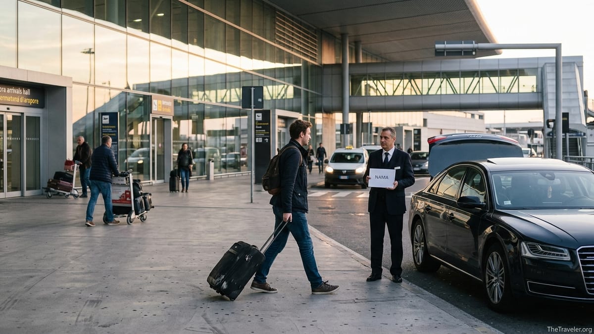 Traveler meeting a Kiwitaxi-style driver with a name sign outside a busy airport arrivals hall.