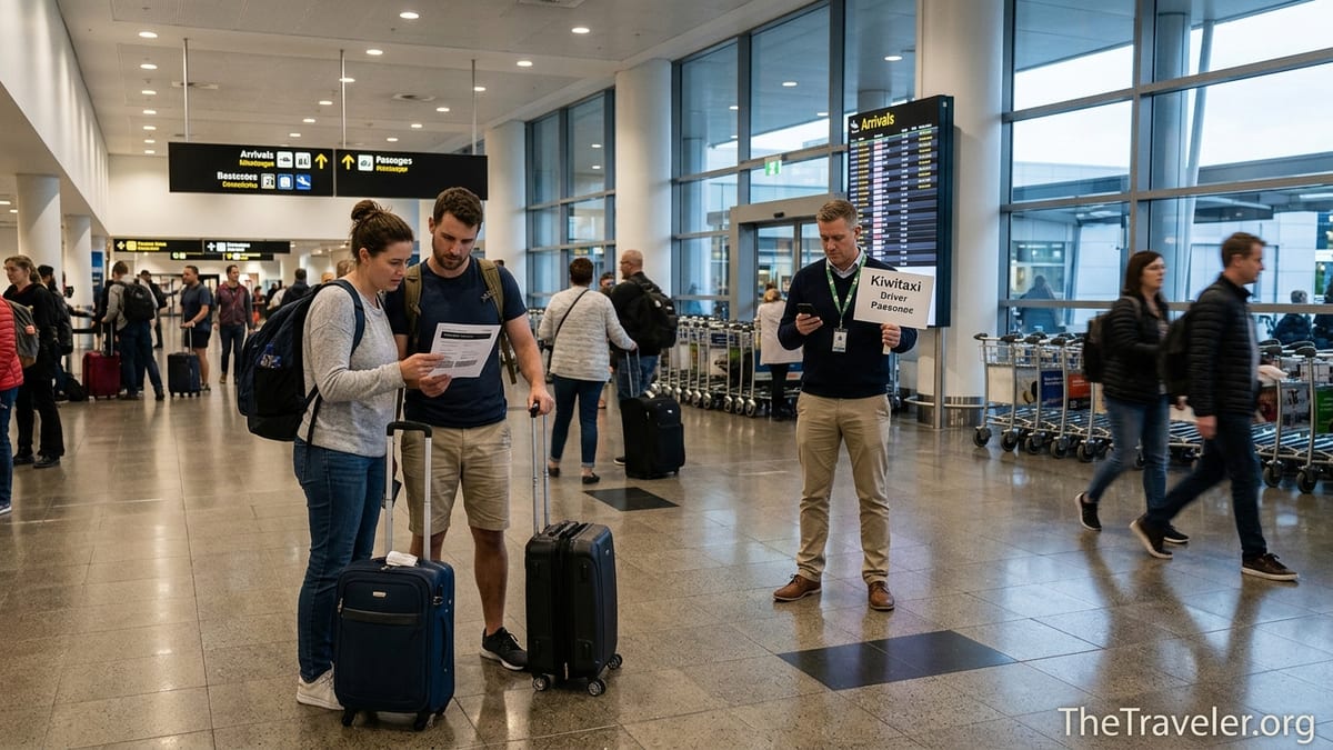Travelers in an airport arrivals hall checking a Kiwitaxi voucher while drivers wait with name signs.