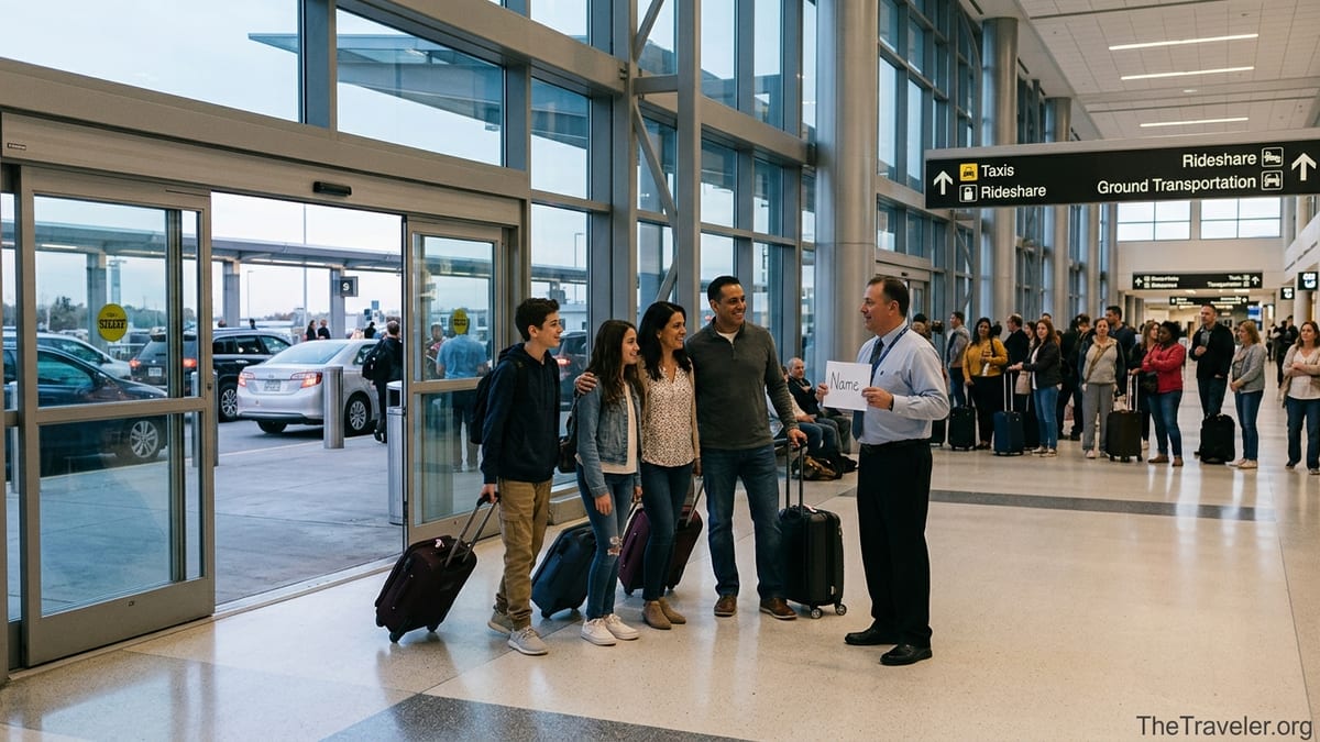Family meets pre-booked driver in airport arrivals while taxis queue outside.