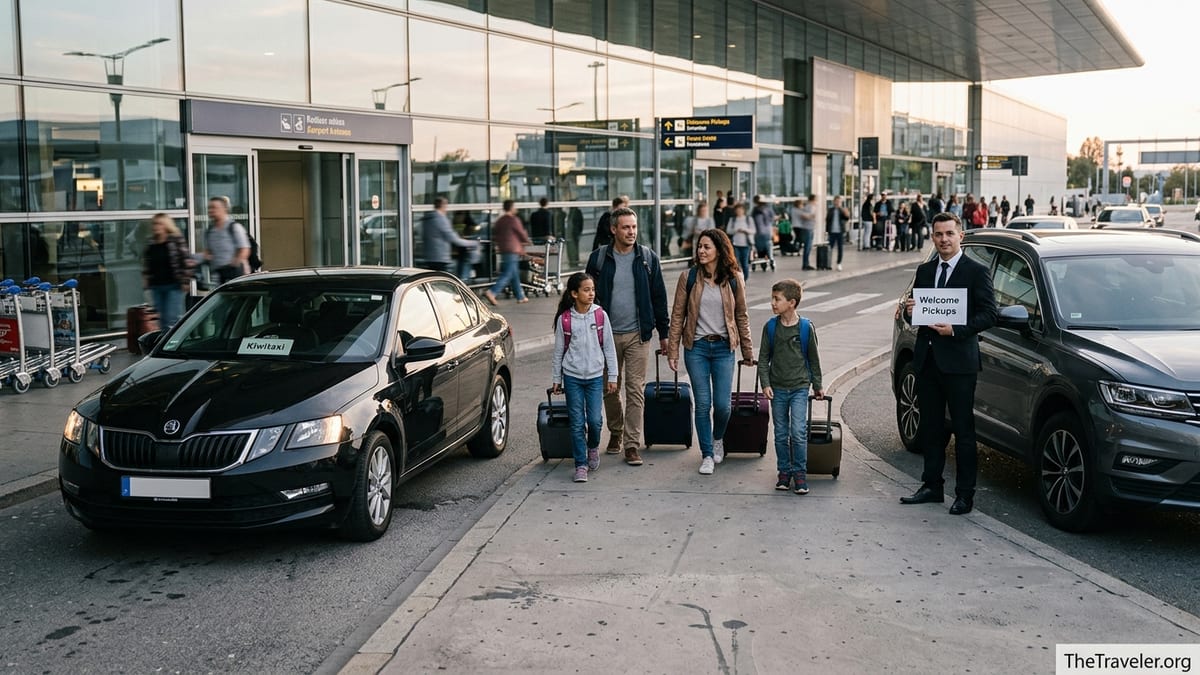 Family choosing between two private airport transfer cars outside a busy terminal.