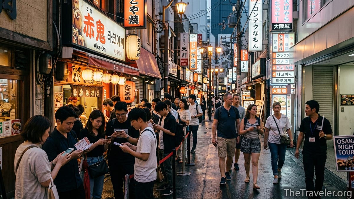 Evening street in Osaka with travelers using phones and vouchers near food stalls and tour meeting point.