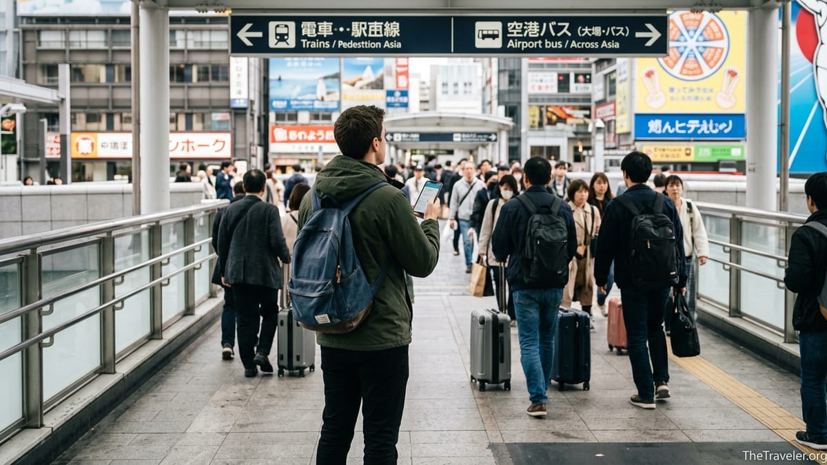 Traveler checking a KKday booking on a phone amid a busy Osaka pedestrian bridge.